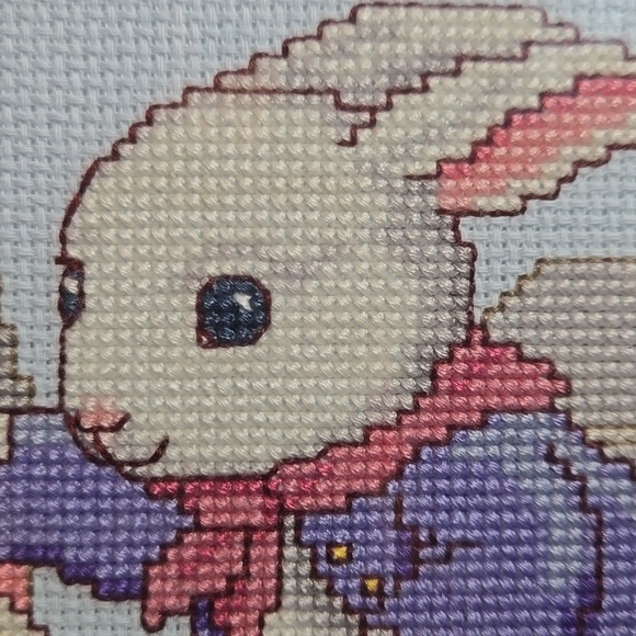Framed Cross Stitch Bunny with Basket and Chickens - Pastel Blue Mat. 13" × 15" - Picture 3 of 8